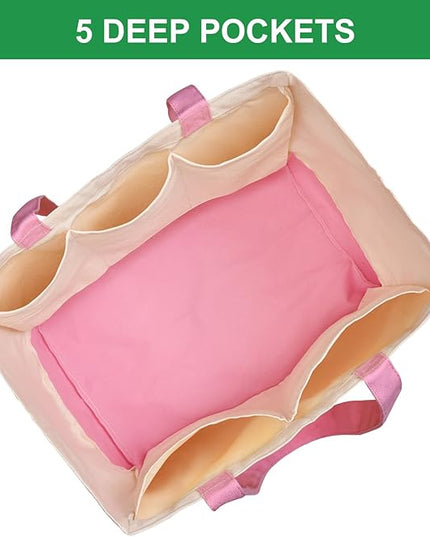3 Pack Canvas Reusable Grocery Bags Heavy Duty, 8.3 gal Foldable Large Tote Bag with Handles, Holds 60 lbs Canvas Shopping Bags & Washable Eco-friendly Bags with 5 Pockets, Pink+Off white