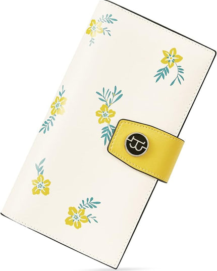 BOSTANTEN Womens Wallet Genuine Leather Wallets Large Capacity Cash Cluth Purses with Zipper Floral Yellow