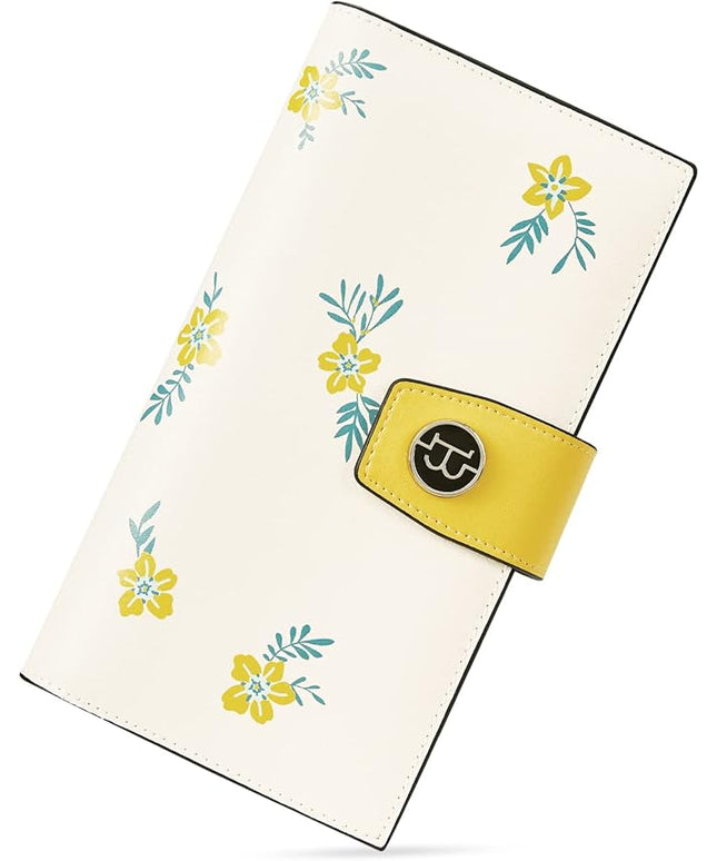 BOSTANTEN Womens Wallet Genuine Leather Wallets Large Capacity Cash Cluth Purses with Zipper Floral Yellow
