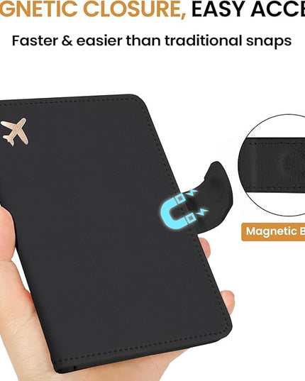 Passport Holder for Travel Essentials, RFID Blocking Leather Cover Wallet with Magnetic Closure, Aesthetic & Cute Passport Book Case for Women and Men - Black