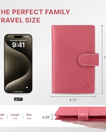 ALLIVE passport holder for travel family of 4, RFID Blocking Passport Wallet Document Organizer for Women & Men, Genuine Leather Cover with AirTag holder, Airport Essentials, Travel Gift (Rose Pink)
