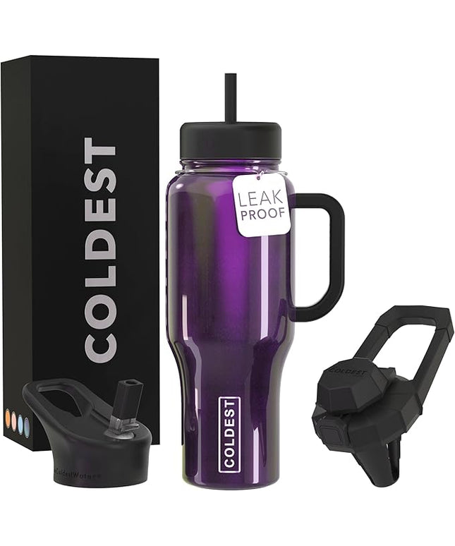 Coldest Tumbler with Handle and Straw, 100% Leak Proof Insulated Tumbler with Lid and Straw (3 Lids), Stainless Steel Tumblers for Women & Men, Cup Holder Friendly, 36 oz (Purple Iridescence)