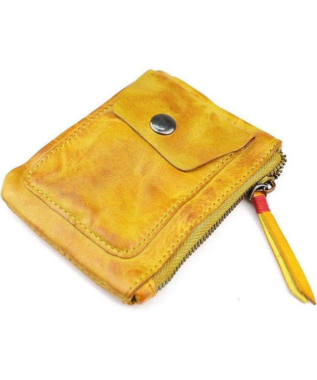 ZYLOXAR Genuine Leather Coin Pouch with Zipper Snap Closure Crazy Horse Wallet for Women (Yellow)