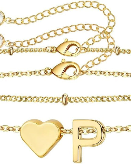 M MOOHAM Valentines Day Gifts for Kids Teen Girls -14K-Gold-Plated Heart Initial A-Z Bracelets for Women Girl Dainty Gold Bracelets Birthday Valentines Gifts for Women Her Teenage Girls Kid Teen Gift