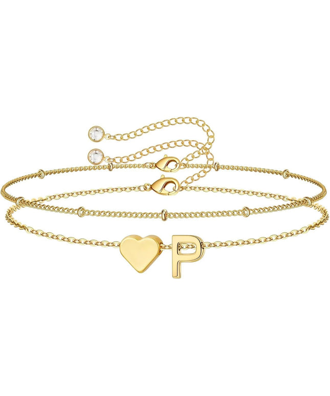 M MOOHAM Valentines Day Gifts for Kids Teen Girls -14K-Gold-Plated Heart Initial A-Z Bracelets for Women Girl Dainty Gold Bracelets Birthday Valentines Gifts for Women Her Teenage Girls Kid Teen Gift