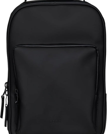 RAINS Book Daypack Regular Black Laptop Backpack for Men and Women, Waterproof Black Minimalist Commuter Bag with 15”-16"