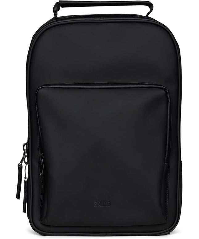 RAINS Book Daypack Regular Black Laptop Backpack for Men and Women, Waterproof Black Minimalist Commuter Bag with 15”-16"