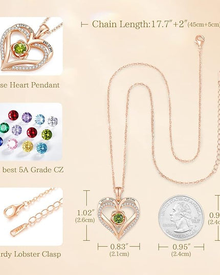 CDE Christmas Gifts for Women S925 Silver Rose Gold Heart Birthstone Necklaces for Women，Ideal Anniversary or Birthday Jewelry Gifts for Wife Girlfriend Her