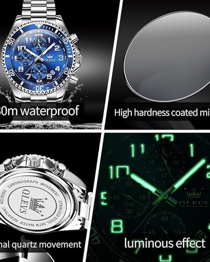 OLEVS Mens Watches Chronograph Watch Luxury Dress Stainless Steel Waterproof Watches for Men Moon Phase Luminous Business Calendar Wrist Watch Blue/Black/Green/Gold/Face