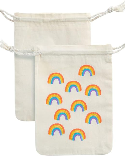 Juvale Rainbow Canvas Bags - 4 x 6 In, Pack of 12 - Mini Canvas Drawstring Bags for Kids & Party Favors - Rainbow Design