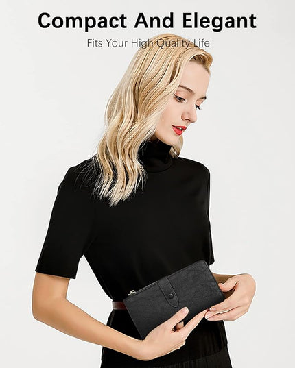 BOSTANTEN Womens Leather Wallets RFID Blocking Large Capacity Trifold Card Holder Ladies Phone Clutch Grey Black