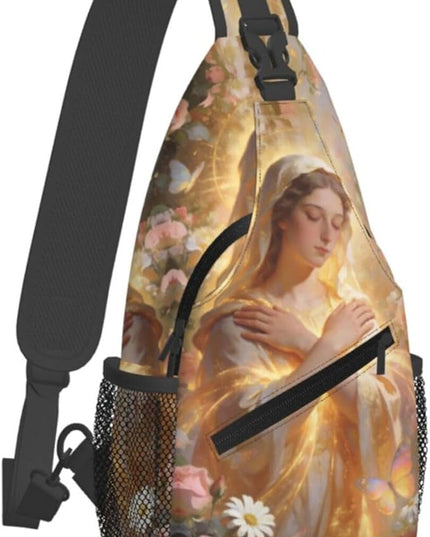 Our Lady of Guadalupe Sling Bag Crossbody Bags Clovers Chest Bag for Travel Hiking for Men Women Golden Mary 8