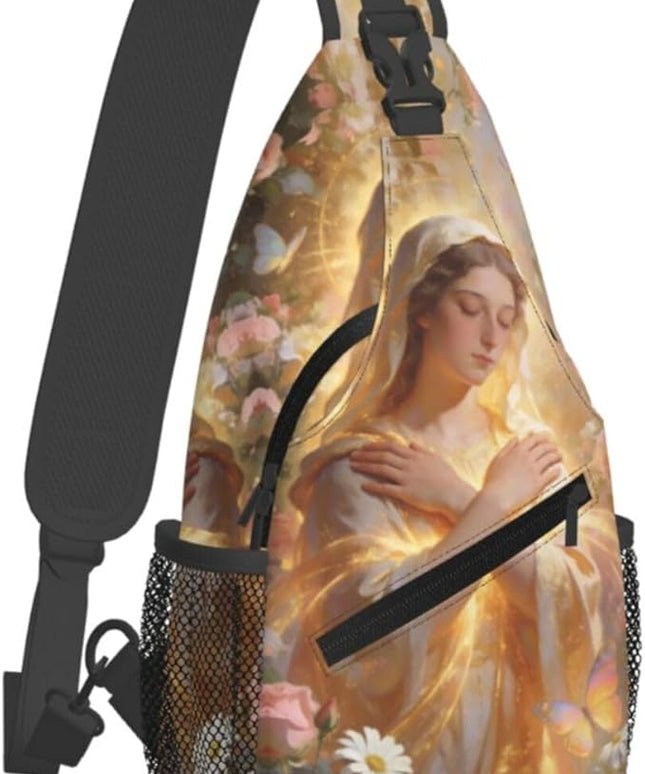 Our Lady of Guadalupe Sling Bag Crossbody Bags Clovers Chest Bag for Travel Hiking for Men Women Golden Mary 8