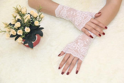 Women's Short Lace Gloves Fingerless for Driving Wedding Wrist Length Bridal Prom Gloves