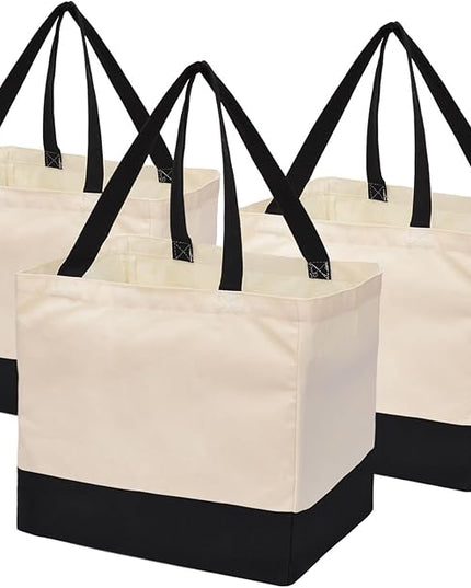3 Pack Canvas Reusable Grocery Bags Heavy Duty, 8.3 gal Foldable Large Canvas Tote Bag with Handles, Holds 60 lbs Canvas Shopping Bags & Washable Eco-friendly Bags with 5 Pockets, Off white Black