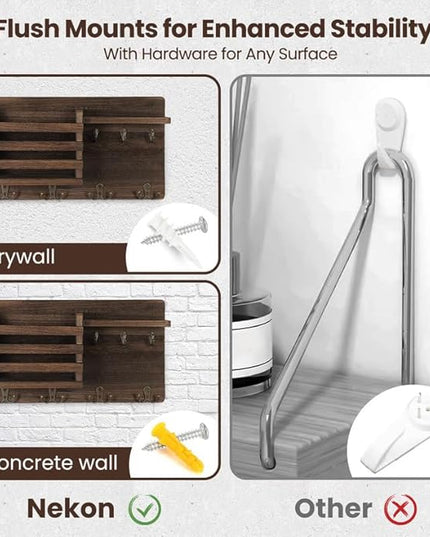 Nekon Mail Holder for Wall Mail Organizer with Key Hooks Hallway Farmhouse Decor Storage Racks with Floating Shelf and Flush Mount Hardware (16.8Inch x 10Inch x 3.2Inch)