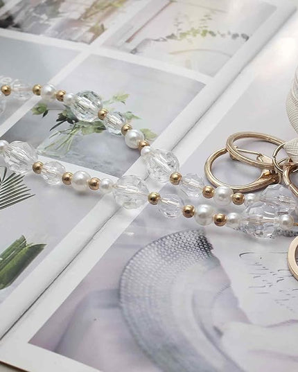 Pearl Beaded Phone Charm Wrist Strap,Cute Bracelet Wristlet Lanyard,Gold Double Chain for Phone Case,Purse Bag Wallet