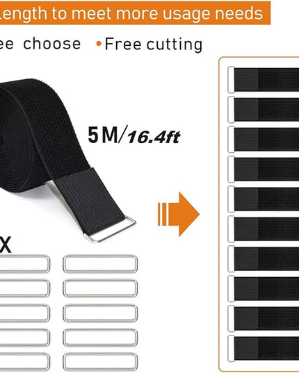 2"x16ft Reusable Cinch Strap with 10 Metal Buckles, Cut-to-Length Fastening Securing Straps, Adjustable Nylon Cable Straps and Cord Ties for Organizer or Storage, 2 inch Wide, Black