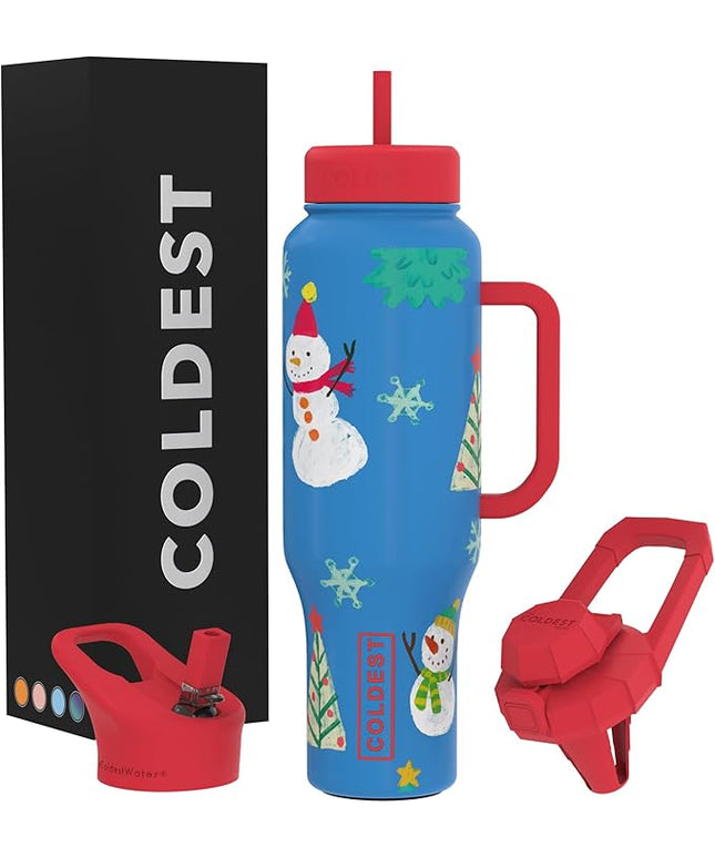 Coldest Tumbler with Handle and Straw, 100% Leak Proof Insulated Tumbler with Lid and Straw (3 Lids), Stainless Steel Tumblers for Women & Men, Cup Holder Friendly Base, 46 oz (Mr. Snowie)