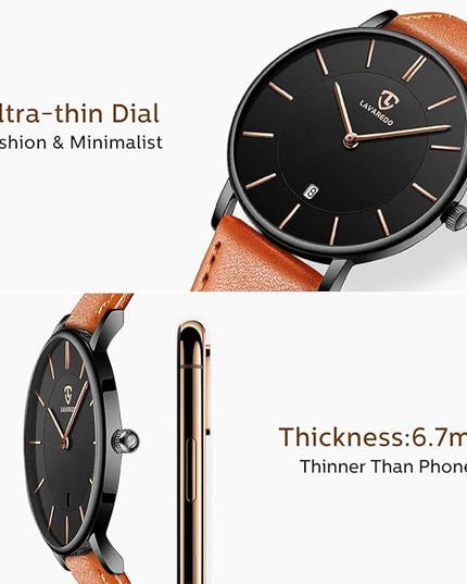 L LAVAREDO Watch for Men, Extremely Thin Mens Watches Minimalist Analog Men's Leather Wrist Watches with Time/Date, Birthday Gift for Men Boyfriend