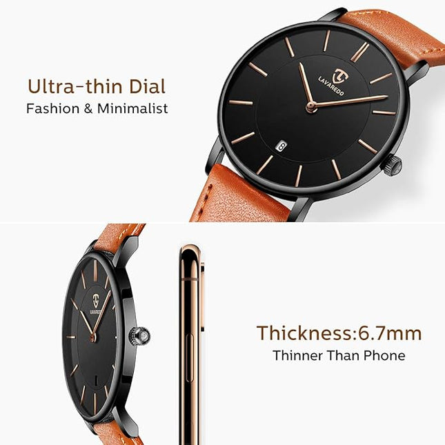 L LAVAREDO Watch for Men, Extremely Thin Mens Watches Minimalist Analog Men's Leather Wrist Watches with Time/Date, Birthday Gift for Men Boyfriend