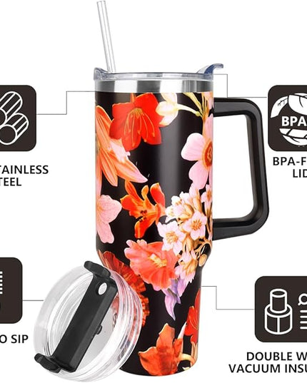 SYACOT 40 oz Tumbler with Handle and Straw Stainless Steel Insulated Tumbler Leak Proof Lid and Straw Lid Reusable Travel Mug Coffee Mug Cup Dishwasher Safe Keep Drinks Cold and Hot (Jasmine)