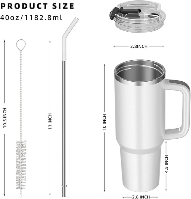 40 oz tumbler with handle and straw,Double Wall Vacuum Reusable Stainless Steel Insulated Water Bottle,With Leak Proof lid and Straw for Iced or Cold Beverages (White)