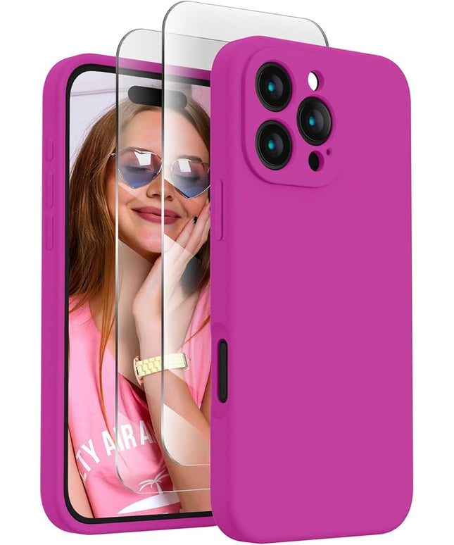 FireNova Designed for iPhone 16 Pro Case, Silicone Upgraded [Camera Protection] Phone Case with [2 Screen Protectors], Soft Anti-Scratch Microfiber Lining Inside, 2024, Dark Fuchsia