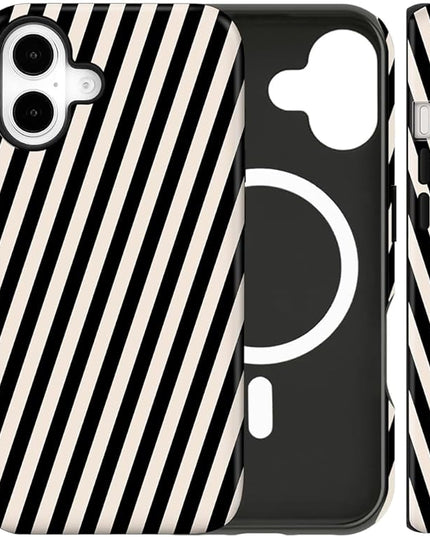 Magnetic for iPhone 16 Case Cute Diagonal Stripes Phone Case, Shockproof Slim TPU and Hard PC Protective Phone Cover Compatible with MagSafe Designed for Women Girls,Black and White