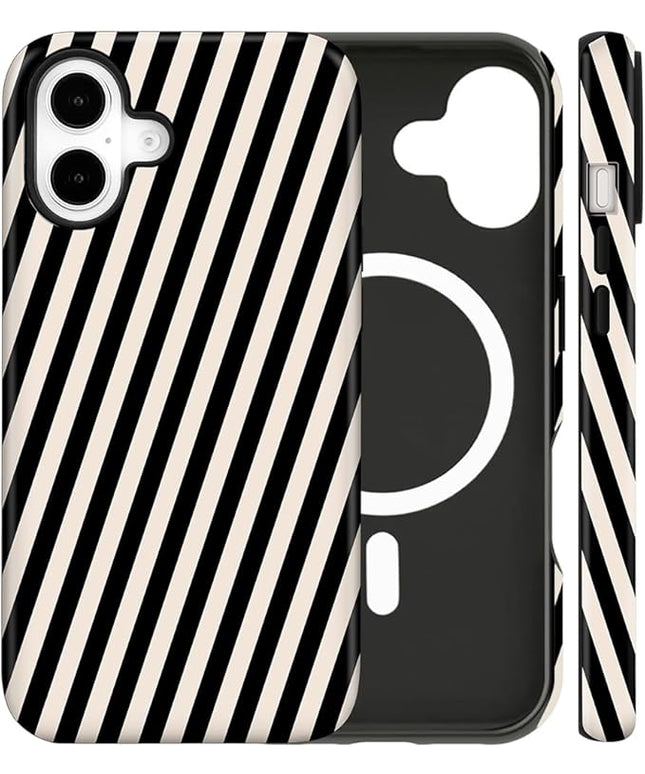 Magnetic for iPhone 16 Case Cute Diagonal Stripes Phone Case, Shockproof Slim TPU and Hard PC Protective Phone Cover Compatible with MagSafe Designed for Women Girls,Black and White