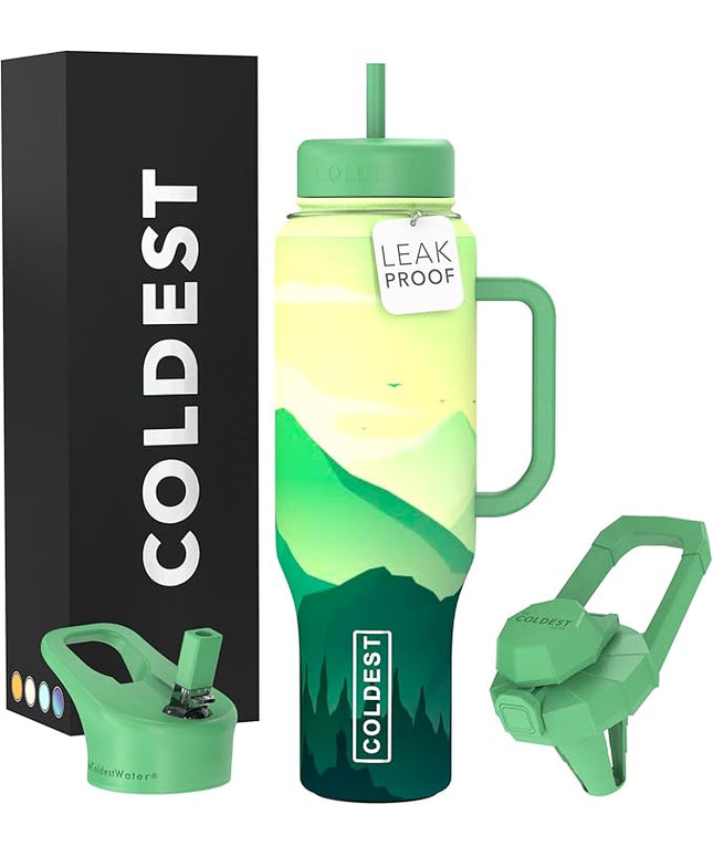 Coldest Tumbler with Handle and Straw - 100% Leak Proof Insulated Tumbler with Lid and Straw (3 Lids) - Stainless Steel Tumblers for Women & Men - Cup Holder Friendly Base, 46 oz (Happy Camper)