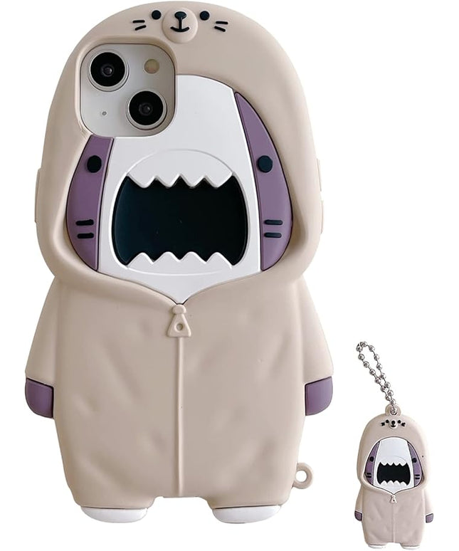 Case Compatible with iPhone 15 Pro,Cute 3D Kawaii Funny Sweater Shark Cartoon Cover with Keychain Soft Silicone Gel Drop Protector Women Girls