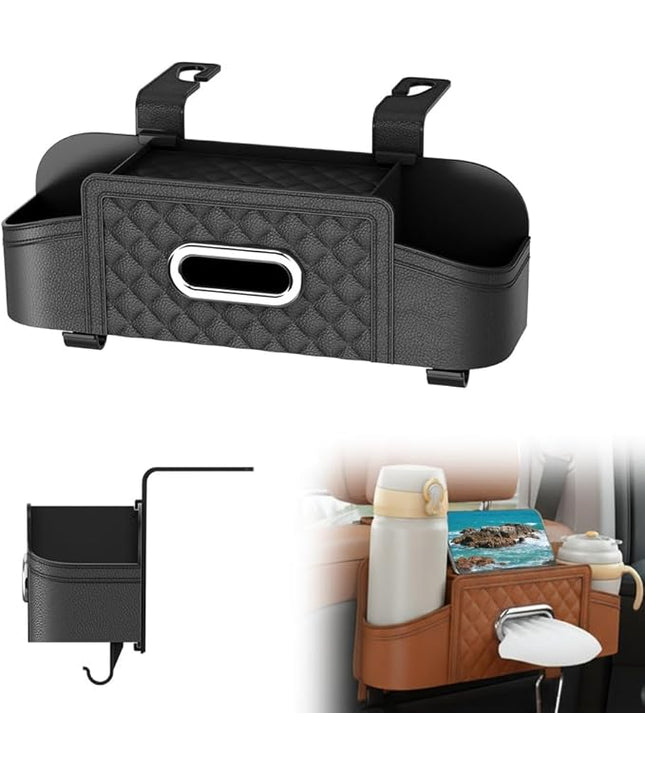 3-in-1 Car Backseat Organizer, Multifunctional Back Seat Car Organizer, Storage Box with Drink Cup Holder Tissue Box, for Hold Phone,Snacks, Drinks, Handbag (Beige)
