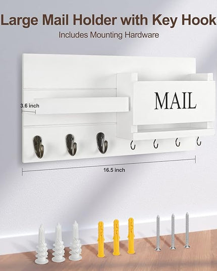 Lwenki Mail Organizer for Wall Mount – Key Holder with Shelf Includes Letter Holder and Hooks for Hallway Farmhouse Decor – Rustic Wood with Flush Mounting Hardware (16.5” x 9.1” x 3.4”) (White)