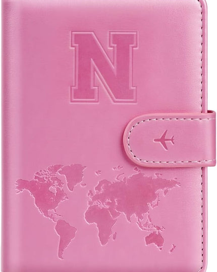 Passport Holder Cover Initail Letter A-Z Travel Wallet Embossed Design RFID Blocking Card Holder Personalized Gift Passport Cover Wallet, Passport Book Holders for Women and Girls, Pink-N