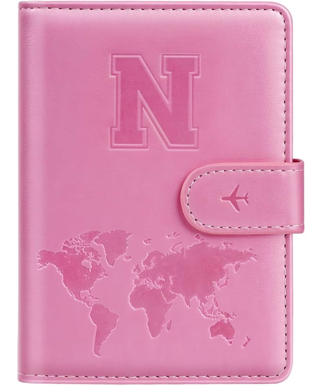 Passport Holder Cover Initail Letter A-Z Travel Wallet Embossed Design RFID Blocking Card Holder Personalized Gift Passport Cover Wallet, Passport Book Holders for Women and Girls, Pink-N