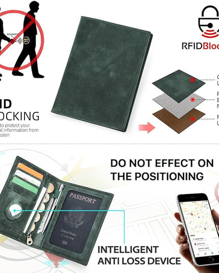 CONTACTS Full Grain Leather Passport Holder RFID Blocking Travel Passport Wallet with Compatible Airtag Passport Cover Case with 4 Cards Slots, Coin Pocket (Green)
