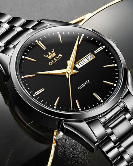 OLEVS Men's Luxury Watch Waterproof Luminous Easy Read Chronograph Watches Full Gold/White Dail/Black Face with Calendar Wristwatch