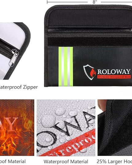 ROLOWAY Small Fireproof Bag (5 x 8 inches) with Reflective Strip, Fireproof Money Bag for Cash, Valuables, Passport, Currency & Keys (2-Pack)