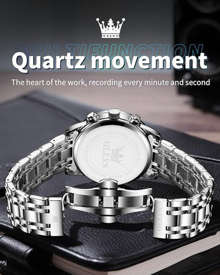 OLEVS Mens Watch Luxury Big Face Stainless Steel Analog Quartz Multifunctional Waterproof Luminous Date Two Tone Fashion Dress Wrist Watches for Man