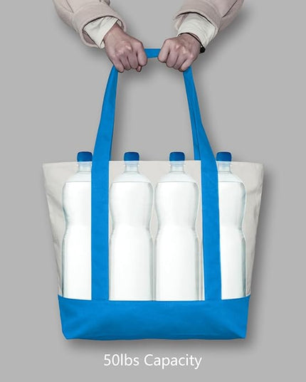TOPDesign 3-Pack Canvas Tote Bags with an External Pocket, Reusable Grocery Shopping Bags, Top Zipper Closure, Daily Essentials (Ocean Blue/Natural)