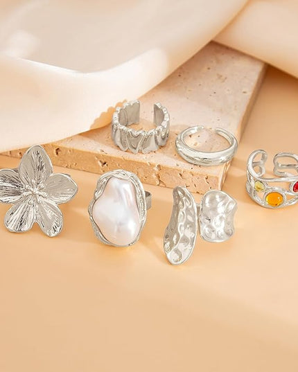 Chunky Gold Rings for Women Non Tarnish Statement Flower Ring Baroque Pearl Stackable Rings Set 6Pcs Chunky Jewelry