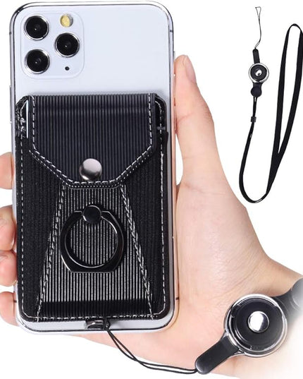 Cell Phone Card Holder,Card Holder for Back of Cell Phone with Ring Grip Stand,Adhesive Stick-on Credit Card Wallet Pocket with Detachable Neck Strap Black