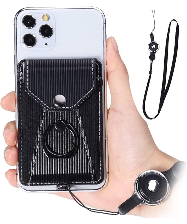 Cell Phone Card Holder,Card Holder for Back of Cell Phone with Ring Grip Stand,Adhesive Stick-on Credit Card Wallet Pocket with Detachable Neck Strap Black