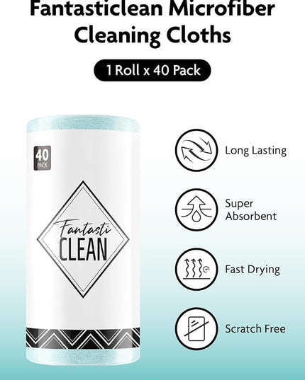 Fantasticlean Microfiber Cleaning Cloth Roll -40 Pack, Tear Away Microfiber Towels, 12" x 12", Reusable, Washable, Scratch Free, Ultra Absorbent Dishcloth for All-Around Cleaning Supplies (Blue)