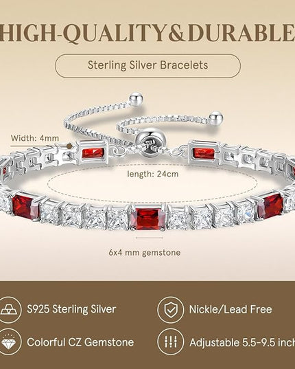 FANCIME Birthstone Bracelet for Women, Sterling Silver 4x6mm Gemstone Tennis Bracelet Bolo Adjustable Chain Fine Jewelry Birthday Gifts for Women Mom Wife Her