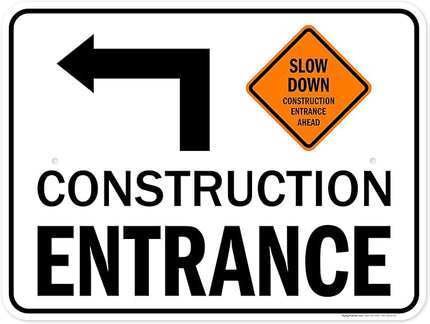 Slow Down Construction Entrance Ahead With Left Arrow Sign, 18x24 Inches, Rust Free .063 Aluminum, Fade Resistant, Made in USA by My Sign Center