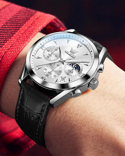 OLEVS Men's Watches Leather Strap Analog Quartz Watch, Fashion Big Dial Date Waterproof Watch, Dress Luxury Luminous Men Watches