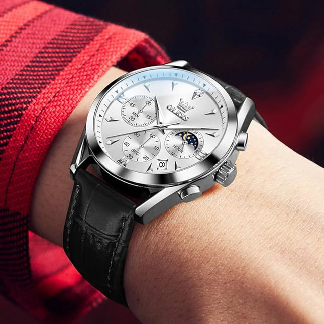OLEVS Men's Watches Leather Strap Analog Quartz Watch, Fashion Big Dial Date Waterproof Watch, Dress Luxury Luminous Men Watches