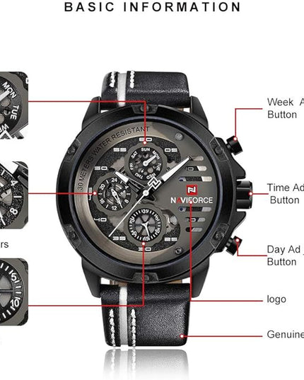 NAVIFORCE Sport Military Watches for Men Waterproof Watch Analog Quartz Leather Band Date Calendar Clock Wristwatch